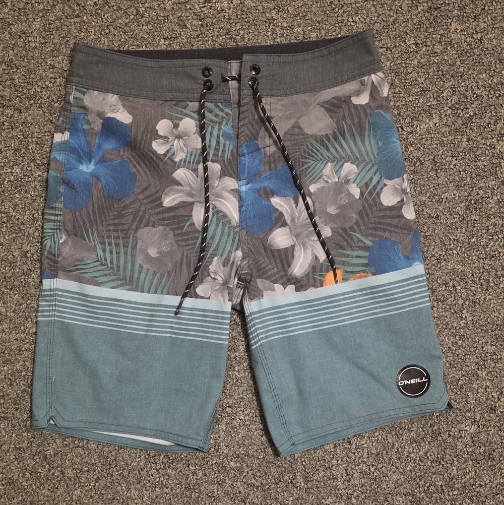 O'Neill BOY''s Tropical Floral Board Shorts - Gray and Teal